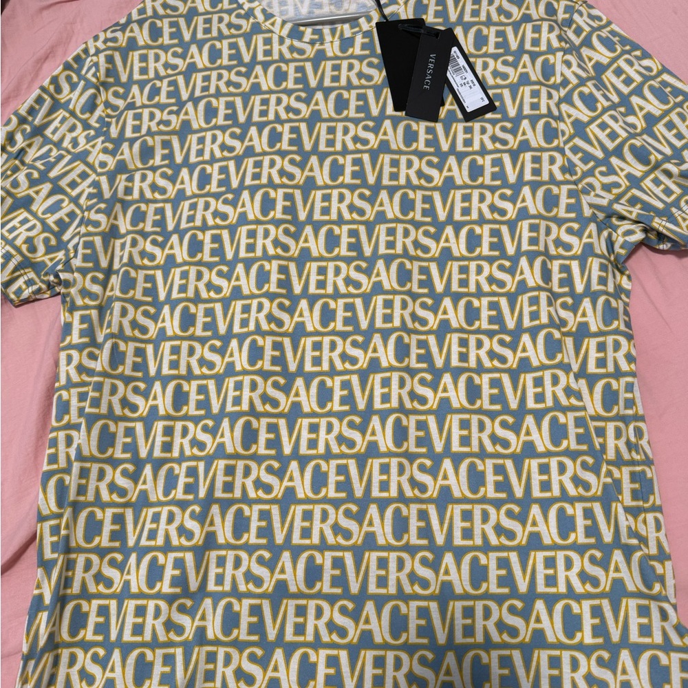 Versace Men's Yellow and Blue Logo T-Shirt